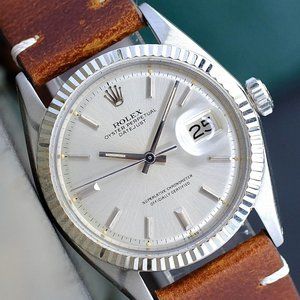 ROLEX MENS DATEJUST WATCH STEEL SILVER INDEX DIAL FLUTED BEZEL LEATHER BAND 1601